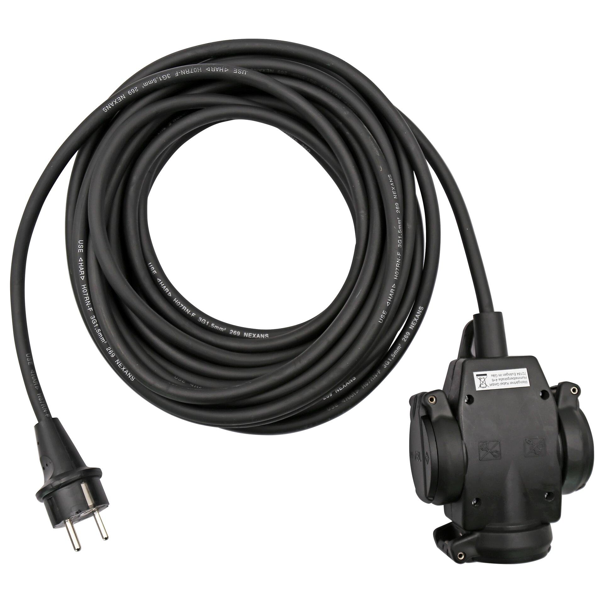 Gummi-Verlängerungskabel 10m mit 3-fach Verteilersteckdose